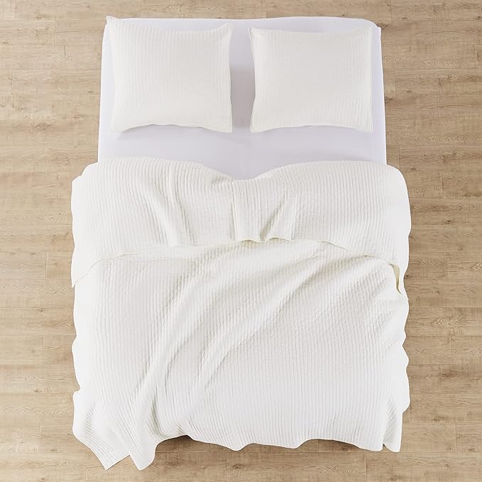 Levtex Home Cross Stitch Reversible Queen Bedspread Set (104x106in) with 2 Pillow Shams (26x20in) - Stitch Texture - Cream - Cotton Queen Size Bedspread Set - Lightweight, Soft, Pre-Washed