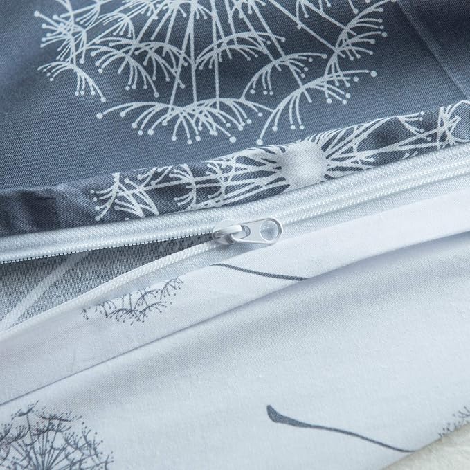 YuHeGuoJi Dandelion Flower Duvet Cover King 100% Cotton 3 Pcs Set 1 Countryside White Grey Floral Duvet Cover with Zipper Ties 2 Pillowcases Farmhouse Reversible Botanical Bedding Set Soft