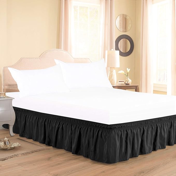 Wrap Around Bed Skirts Elastic Dust Ruffles, Easy Fit Wrinkle and Fade Resistant Silky Microfiber Fabric Solid Color Bedskirt, 12 Inch Tailored Drop Black for King Size Bed Skirt