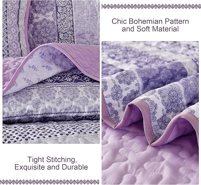 WONGS BEDDING Boho Quilt Set Queen Size, Purple Bohemian 3 Pieces Quilt Sets, Lightweight Bedspread Coverlet Bedding Set for All Season (96"x90")