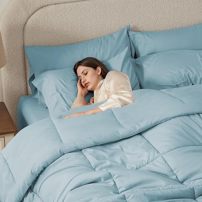 Anluoer King Comforter Set 7 Piece, Light Blue Bed in a Bag with Sheets, Comforters King Size Bedding Sets with 1 Comforter, 2 Pillow Shams, 2 Pillowcases, 1 Flat Sheet,1 Fitted Sheet