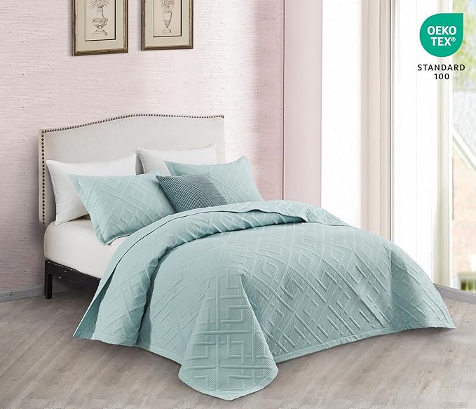 CHIXIN Quilt Queen Size - Geometric Pattern Bedspread Coverlet Set - Modern & Contemporary Style Bedding Cover, Ultrasonic Quilting, Reversible, Lightweight, 4 Piece, Seaglass