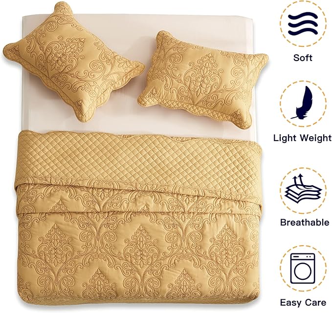 CHIXIN Bedspread Coverlet Set Queen Size - Lightweight Bedding Cover - Beautiful Stitching - 5 Piece Reversible Bedspread - Luxury Damask Paisley Pattern (Queen, Honey-Gold)