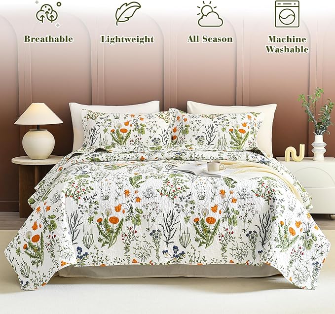 QSH 100% Cotton Floral Quilt Queen Set (90"x98") Yellow Flowers Leaves Plants Pattern Botanical Printed Bedspread Bedding, 3Pcs Soft Lightweight Quilt Coverlet Queen for All Seasons