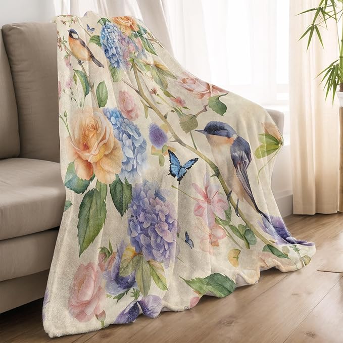 Bird and Butterfly Blanket Lightweight Blankets Gifts for Nature Lover Flannel Throw with Colorful Rose and Hydrangea Printed for Sofa, Bed, Travel, Picnic, Office, Decor Throws 50x40 Inch