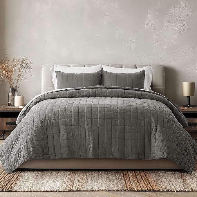 EVERGRACEHOME 100% Cotton Box Stitch Quilt Bedding Set King Size 3 Pieces, Garment-Washed Lightweight Soft Cozy Coverlet, Oversized Quilted Bedspread Sets with 2 Shams for All Season, Dark Gull Gray