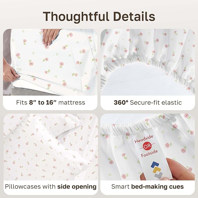 California Design Den Full Size Bed Sheets Set - 400 Thread Count Sateen, Natural 100% Cotton Sheets, Deep Pocket and Durable Bedding - Soft Floral