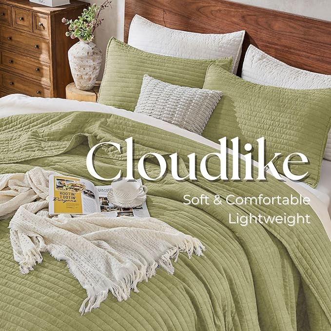 DOWN HOME King Quilt Bedding Set with Shams, Vintage Washed Soft Quilted Blanket Thin Comforter Lightweight Bedspread Coverlet Bed Cover, Brushed Microfiber Stripe Stitching, Golden Olive, 104"x90"