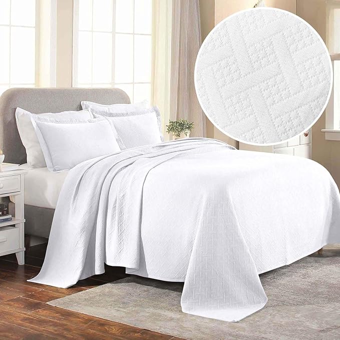 Superior 2 Piece Basketweave Cotton Bedspread Set, Home Bed Decor, Decorative Bed Spread, 1 Pillow Sham, Medium Weight Blanket, Matelasse Coverlet Bedding, Geometric Lattice Pattern, Twin, White