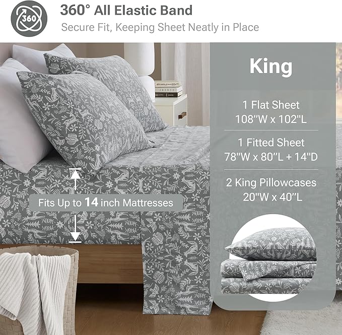 True North by Sleep Philosophy Flannel Sheets King Size, Cozy 100% Cotton Flannel Bed Sheets, Ultra Soft Cute Sheet Set, Novelty Print Themed Cold Weather Warm Bedding Set, Sage Winter Fauna, 4 Piece