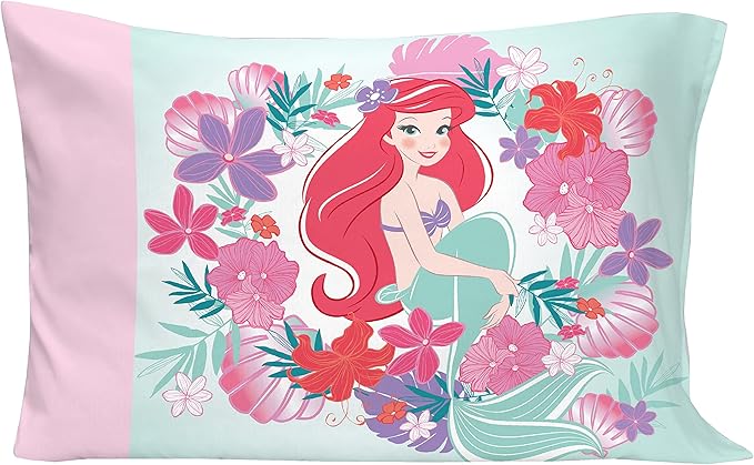 Disney Ariel Sea Garden 4 Piece Toddler Bed Set - Comforter, Fitted Sheet, Flat Top Sheet, Reversible Standard Size Pillowcase, Pink and Aqua