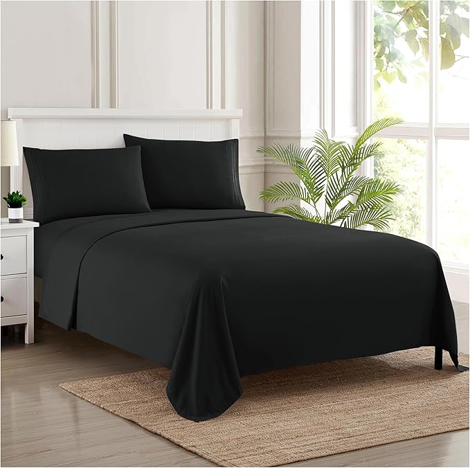 Twin XL Sheets - Breathable Luxury Sheets with Full Elastic & Secure Corner Straps Built In - 1800 Supreme Collection Extra Soft Deep Pocket Bedding Set, Sheet Set, Twin XL, Black
