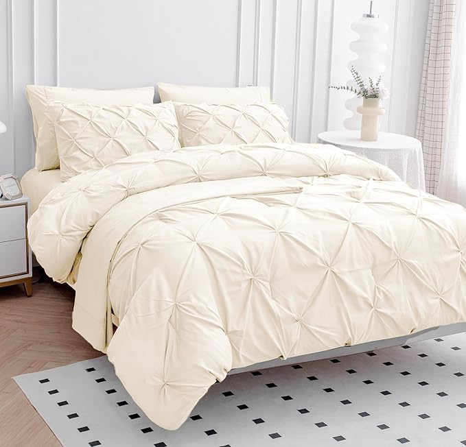 LANE LINEN King Comforter Set – 7 Piece Pintuck Bed in a Bag - Down Alternative Bedding with Comforter, Sheets, Pillowcases & Shams - Ultra Soft, Hotel Quality Cloud Like Comfort Everyday Use – Ivory | Cloud soft feel, Plush alt feel, Light breathable,...
