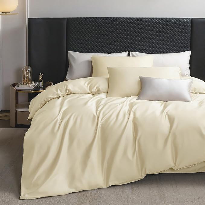 MooMee Duvet Cover Set 100% Extra Long Staple Cotton 600 Thread Count Silky Sateen Smooth Luxury Soft Breathable Durable Hotel Quality Bedding, 3 Pieces (Butter Yellow, Queen 90"x90")