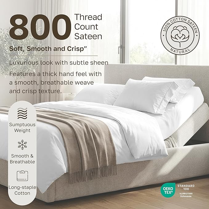 California Design Den Split King Sheets for Adjustable Bed - Buttery Soft 800 Thread Count, 100% Cotton Set, Sateen Bedding Set, Durable Twin XL Fitted Sheets - Light Grey