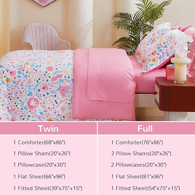 Viviland Kids Twin Bedding Sets for Girls, Soft Twin Comforter Set with Sheets, 5 Pieces Microfiber Bed in a Bag, Colourful Floral