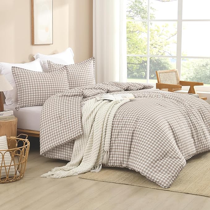 Andency Tan Gingham Comforter Set Twin(66x90Inch), Brown Checkered Grid Plaid Buffalo Bed Set for Girls Boys Kids Teens, 2 Pieces Lightweight Microfiber Geometric Preppy Bedding