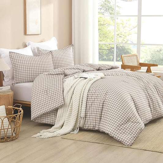 Andency Tan Checkered Comforter King(104x90Inch), Plaid Gingham Buffalo Grid Bedding Comforter Sets for Boys Kids Teens, 3 Pieces Lightweight Microfiber Geometric Preppy Bed Set