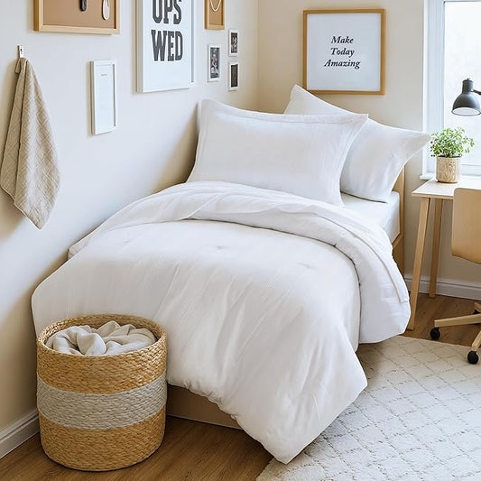 Madison Park Essentials Striped Comforter Set Twin XL, 5 Pieces Modern Minimalist Jacquard Bedding Set for All Season, Bed in A Bag with Sheet Set and Soft Brushed Reverse, Lightweight White