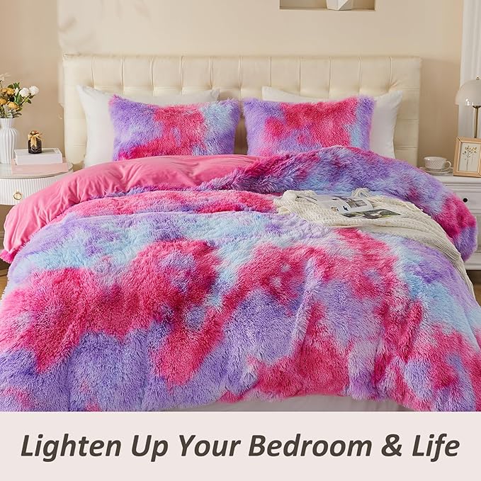 EMME Luxury Fuzzy Duvet Cover Set King Size Fluffy Comforter Cover Set for King Bed 2 Pieces Shaggy and Plush Soft Bedding Duvet Covers (Rainbow Pink Purple, King)