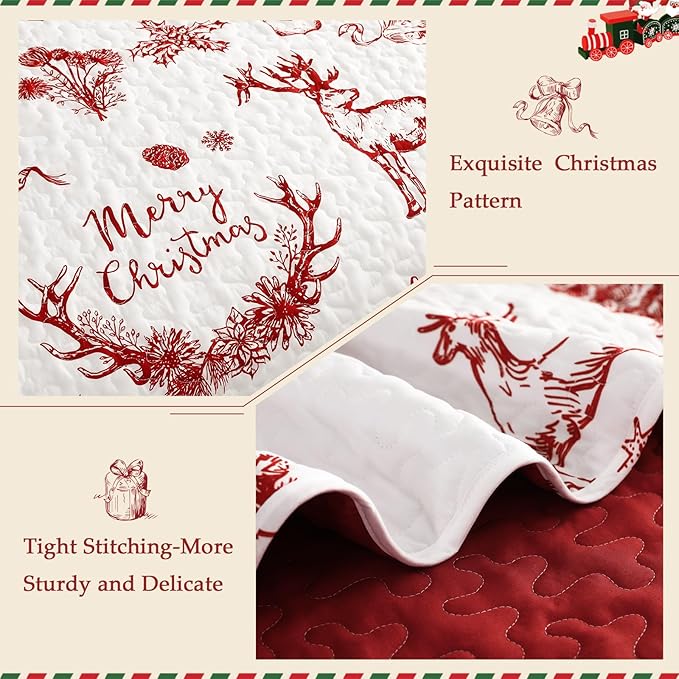 Exclusivo Mezcla Reversible Christmas Quilts Queen Size, Red Bedspread Lightweight Coverlet Winter Quilt Bedding Set with Printed Trees Reindeer Wreaths Pattern (1 Quilt, 2 Pillow Shams)