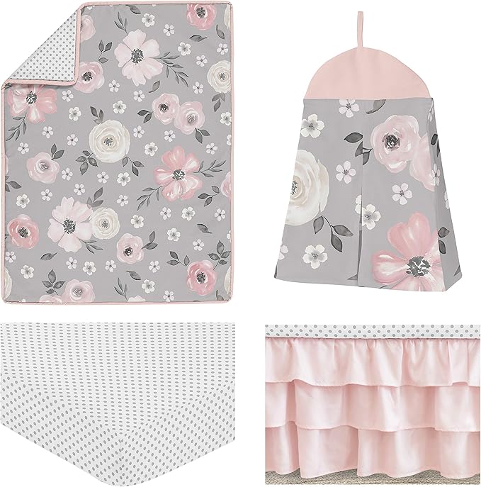 Sweet Jojo Designs Grey Watercolor Floral Baby Girl Nursery Crib Bedding Set - 4 Pieces - Blush Pink Gray and White Shabby Chic Rose Flower Polka Dot Farmhouse