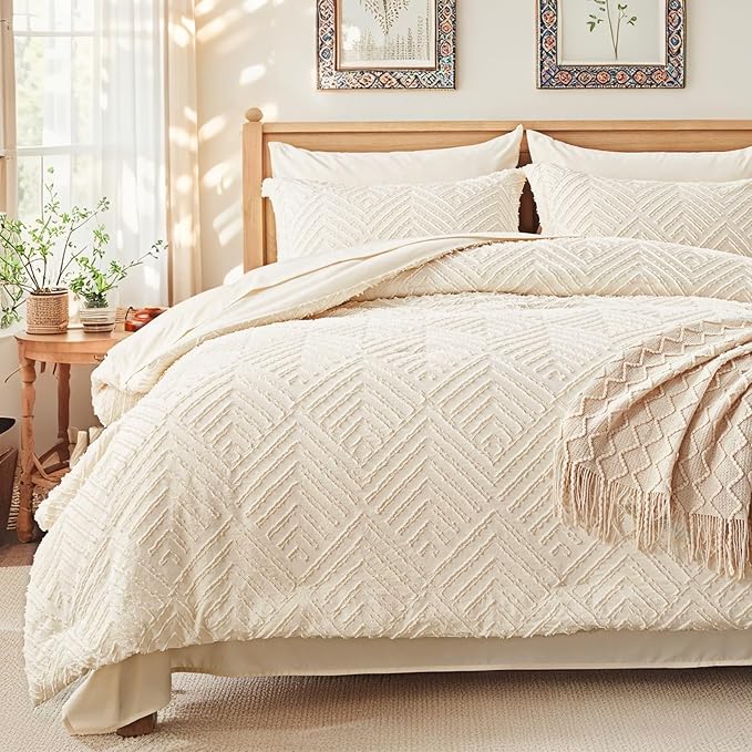 Zzlpp Full Comforter Set 7 Pieces, Cream Tufted Bed in a Bag with Comforter and Sheets, All Season Boho Bedding Sets with 1 Comforter, 2 Pillow Shams, 2 Pillowcases, 1 Flat Sheet, 1 Fitted Sheet