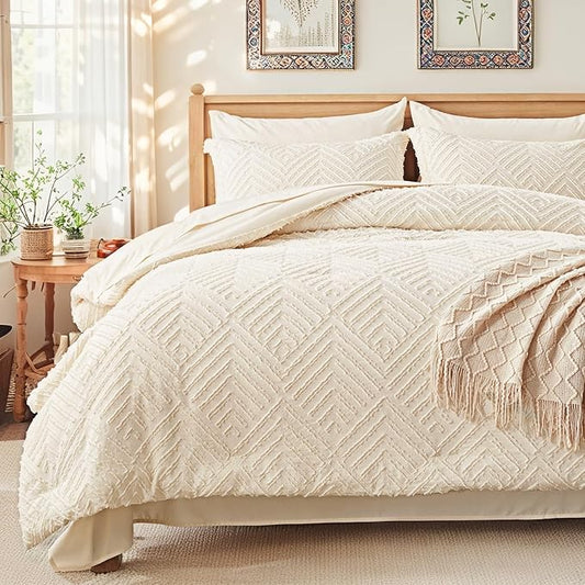 Zzlpp King Comforter Set 7 Pieces, Cream Tufted Bed in a Bag with Comforter and Sheets, All Season Boho Bedding Sets with 1 Comforter, 2 Pillow Shams, 2 Pillowcases, 1 Flat Sheet, 1 Fitted Sheet