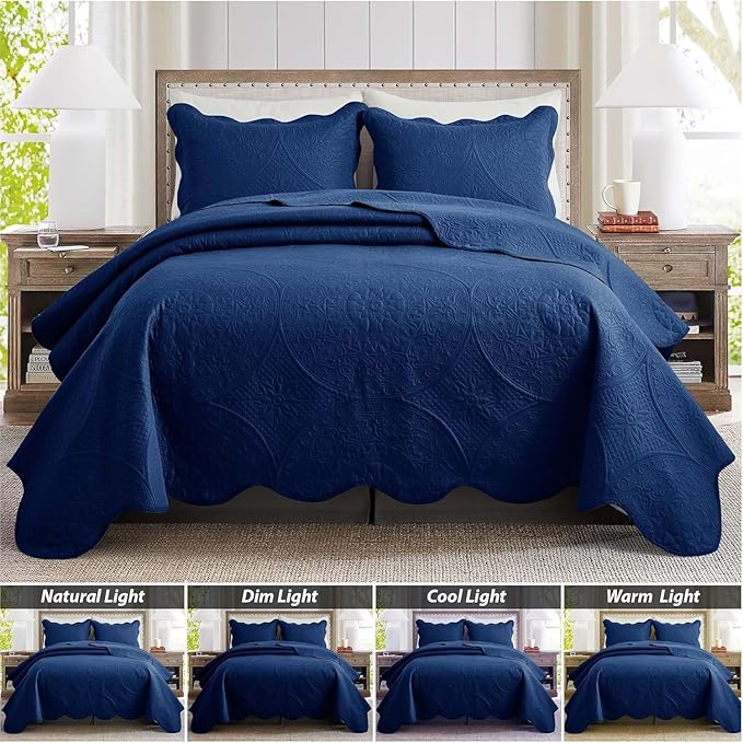 MOONLIGHT20015 King Quilt Bedding Set Size (106" x 96") + 2 Pillow Shams (20" x 36"+ 2") - 3 Pcs All Season Lightweight Reversible Quilt Bedspread Microfiber Floral Embossed Coverlet (Navy)