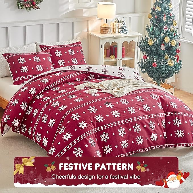 Lekesky Christmas Duvet Cover King Size,3 Pieces Reversible Duvet Cover Set with Snowflake Holiday Bedding Set with Zipper and 8 Corner Ties, 1 Duvet Cover 104x90 inches + 2 Pillowcases