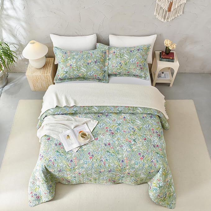 QSH 100% Cotton Quilt King Size Bedding Set (110"x98") 3Pcs Green Floral Quilt Set Summer Flower Bird Butterfly Printed Bedspread Coverlet King Soft Lightweight Bedding Set for All Seasons