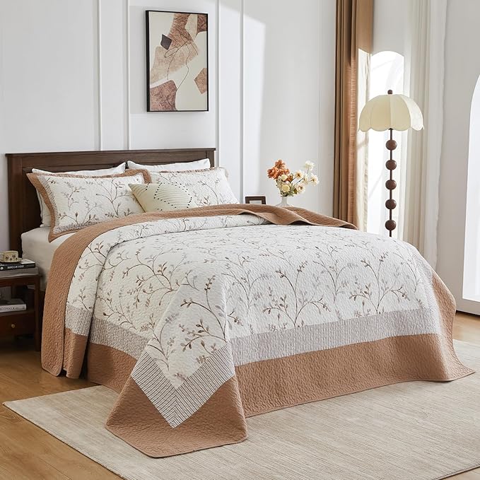 Oversized King Bedspread 128"x120" - 100% Cotton Lightweight All-Season Quilted Coverlet with Vine Floral Design - Elegant Farmhouse & Modern Bedding - Oversized King Plus Quilt Brown/White