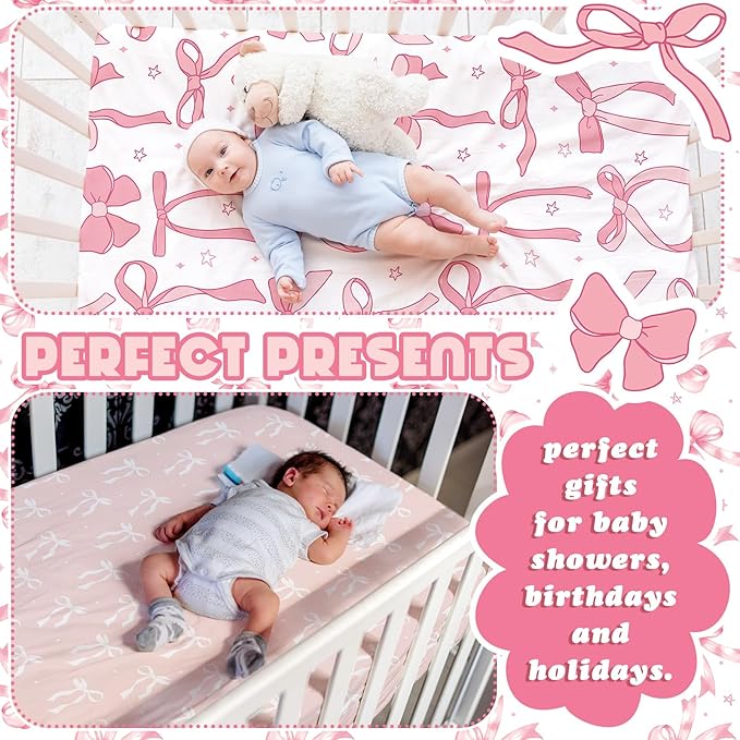 Peryiter 4 Pack Crib Sheets Girl Soft Baby Bed Sheet Set 52'' x 28" Nursery Crib Sheets for Standard Bed for Nursery Decor Baby Boys or Girls(Pink,Pink Bow)
