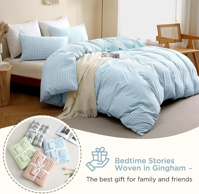 TOCOMOA Light Blue Gingham Duvet Cover Bedding Set 100% Washed Cotton Like Linen Feel Super Soft Comfy 3 Piece Vintage Plaid Checkered Comforter Cover Set (King 104"x90", Comforter Not Included)