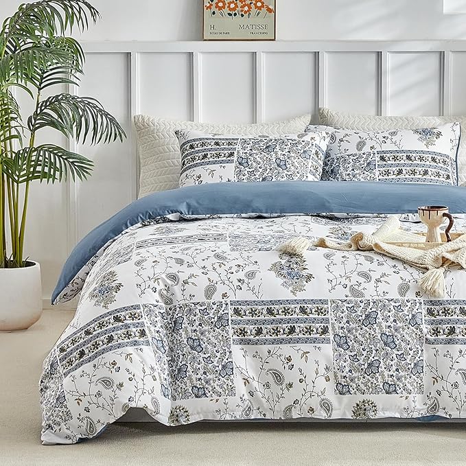 Lekesky King Size Duvet Cover Set, Patchwork Floral 3 Pieces Reversible Blue Paisley Duvet Cover Set, Ultra-Soft Microfiber 3 Pieces Comforter Cover with Zipper, Includes 2 Pillowcases