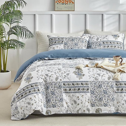 Lekesky King Size Duvet Cover Set, Patchwork Floral 3 Pieces Reversible Blue Paisley Duvet Cover Set, Ultra-Soft Microfiber 3 Pieces Comforter Cover with Zipper, Includes 2 Pillowcases