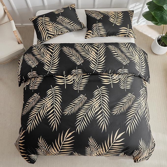 Lekesky King Duvet Cover Set, Black and Gold Tropical Palm Leaf Pattern Comforter Cover King Size, 3 Pieces Soft Microfiber Bedding Sets with Zipper & 2 Pillowcases, Comforter Not Included