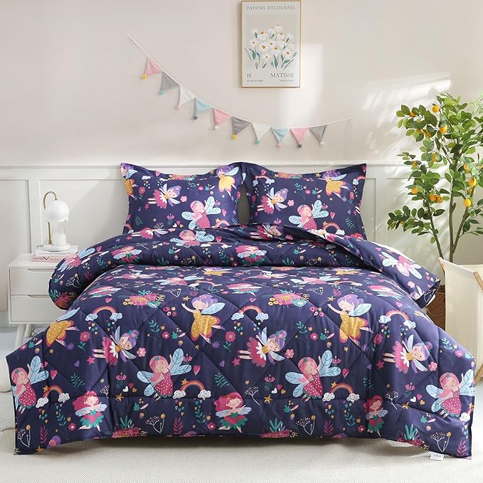 JSD Fairy Kids Comforter Set Queen Size, 3 Piece Girls Floral Printed Microfiber Bedding Set, Machine Washable
