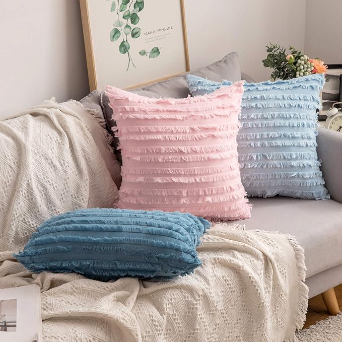 MIULEE Set of 2 Decorative Boho Throw Pillow Covers Linen Striped Jacquard Pattern Cushion Covers for Sofa Couch Living Room Bedroom 18x18 Inch Blue