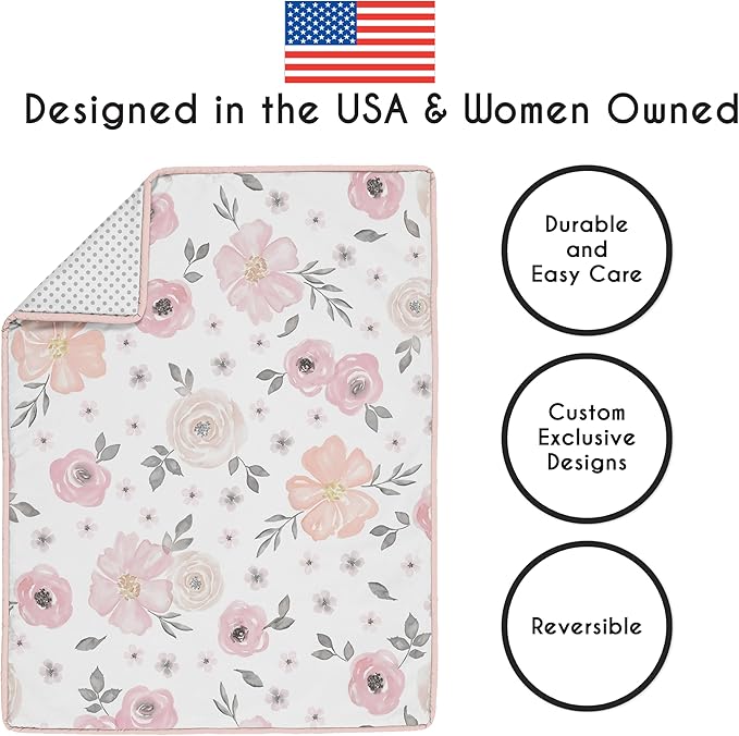 Sweet Jojo Designs 4-Piece Baby Crib Bedding Set (Pink/Grey Boho Floral) for Girls, Infants/Nursery incl. Blanket, Fitted Sheet, Skirt, Diaper Stacker (Watercolor, Elegant Rose, Polka Dot, Blush Gray)