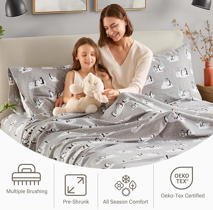 True North by Sleep Philosophy Cozy Flannel Warm 100% Cotton Sheet - Novelty Print Animals Stars Cute Ultra Soft Cold Weather Bedding Set, Full, Grey Penguins 4 Piece