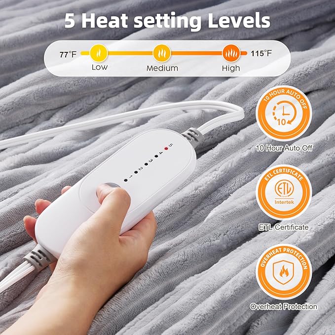 HYLEORY Heated Blanket Electric Queen, Soft Flannel Sherpa Heater 5 Heat Settings and 10 Hours Auto Shut-Off Heating Blanket ETL Certification Over-Heat Protection Machine Washable,Grey