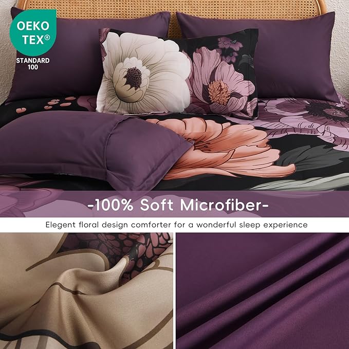 Xruibed Black Purple Floral Comforter Set Queen Size 7 Pieces Bed in a Bag Flower Bedding Sets Lightweight Boho Bed Set with Sheet,Pillowcases&Shams for All Season