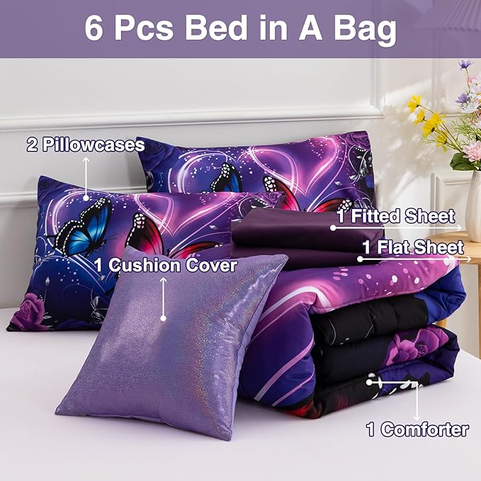 A Nice Night Galaxy 6pcs Bed in a Bag Purple and Blue Dreamy 3D Butterfly Printed, Butterflies Bedding Full Comforter Set, for Girls Kids Teens