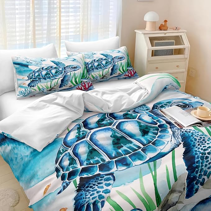 Bedbay Turtle Comforter Set King Size Ocean Theme Bedding for Boys Teen Girls Sea Turtle Coral Coastal Bedding Set Soft Cozy Lightweight Quilt 4-Piece 1 Comforter 2 Pillowcases 1 Cushion Cover