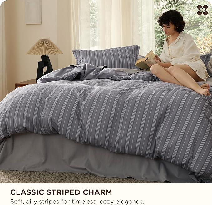 Bedsure Striped Duvet Cover King Size,100% Washed Cotton Duvet Cover Linen Like Textured, Classic Striped Pattern Enhances Bedroom Comfort and Style, Stripes Grey, 104"x90"