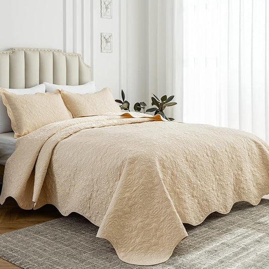Auemtyn Twin/Twin XL Size Quilt Set 2 Pieces, Soft Lightweight Summer Bedspread, Reversible Microfiber Bed Coverlet for All Seasons, Beige, Heart-Floral Pattern (1 Quilt, 1 Pillow Sham)