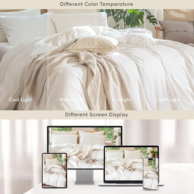 MooMee Bedding Duvet Cover Set 100% Washed Cotton Linen Like Textured Breathable Durable Soft Comfy (Solid Off White, King 104"x90")