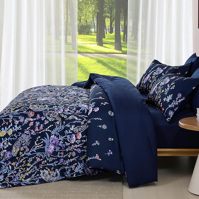 Yiran Navy Floral Comforter Set King Size, 7 Piece Blue Botanical Flowers Comforter Bedding Set, Bed in a Bag King, Soft Microfiber Complete Bedding Set with Sheets for All Season