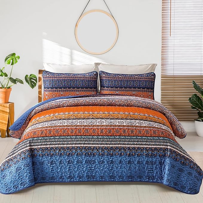 WONGS BEDDING Boho Fall Quilt King Size, Blue and Orange Bohemian King Quilt, Lightweight Microfiber Bed Decor Bedspread for All Season 103"x90"(3 Pieces)